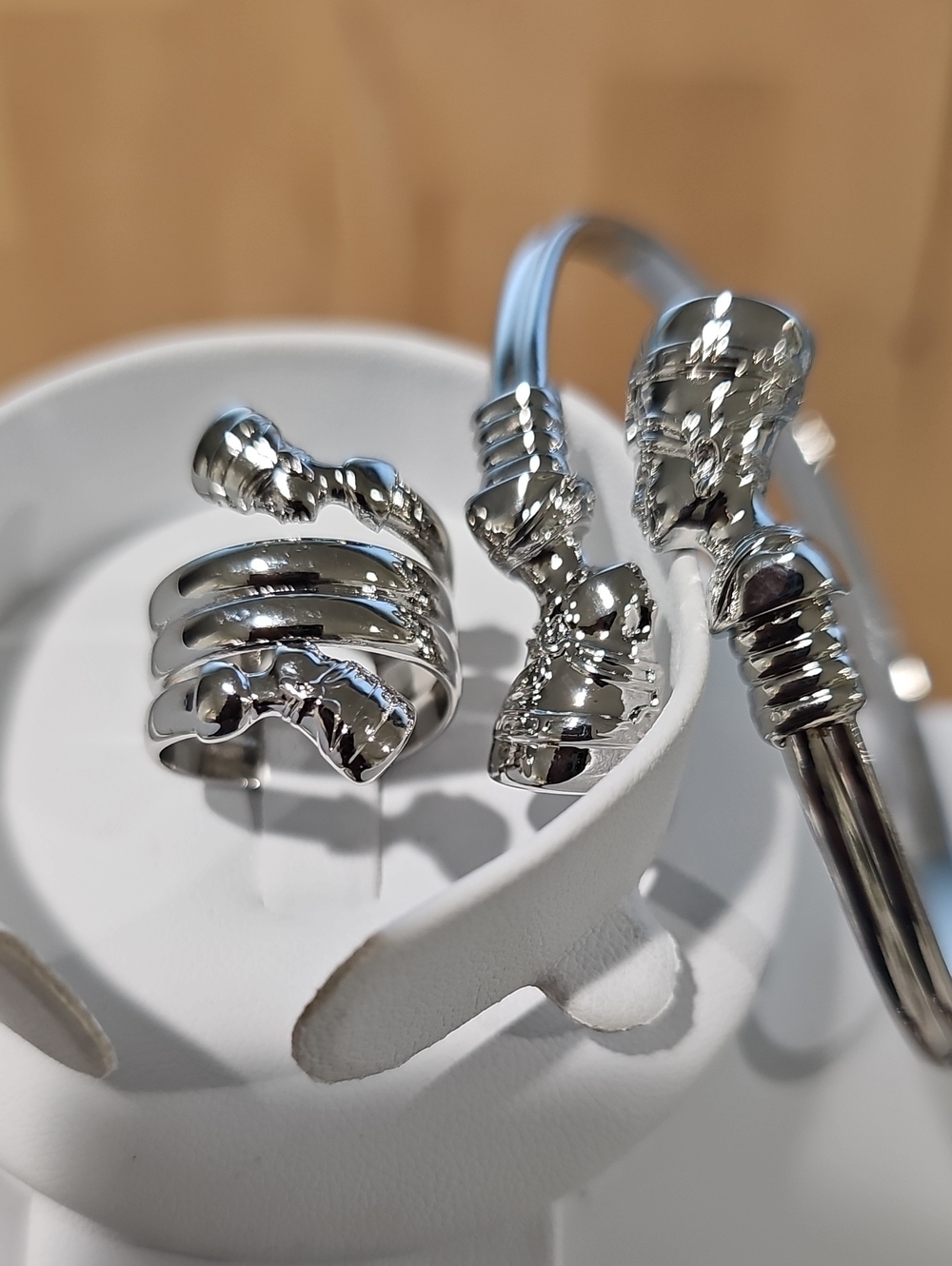 Silver Stainless Steel Queen Nefertiti  Cuff Bracelet and Ring Set